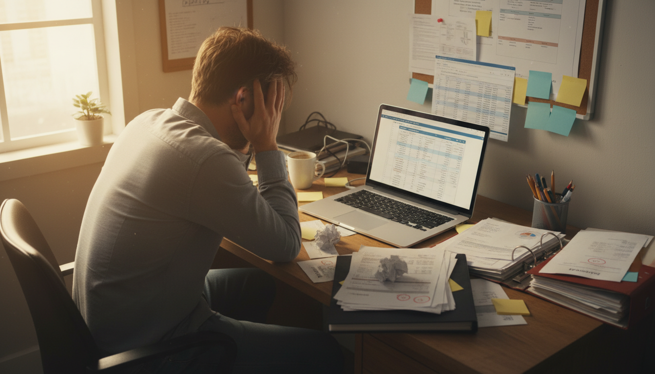 Small business owner at a desk with spreadsheets